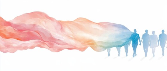 Collective Journey: A vibrant watercolor-style illustration depicts a line of silhouetted figures walking towards a radiant, colorful cloud, symbolizing hope, progress.