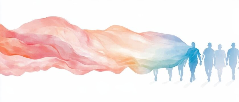 Collective Journey: A vibrant watercolor-style illustration depicts a line of silhouetted figures walking towards a radiant, colorful cloud, symbolizing hope, progress.
