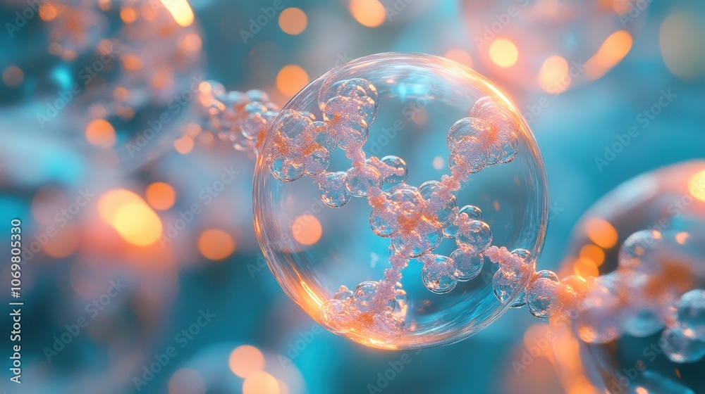 Wall mural abstract visualization of dna molecule structure with glowing elements in a futuristic blue and oran