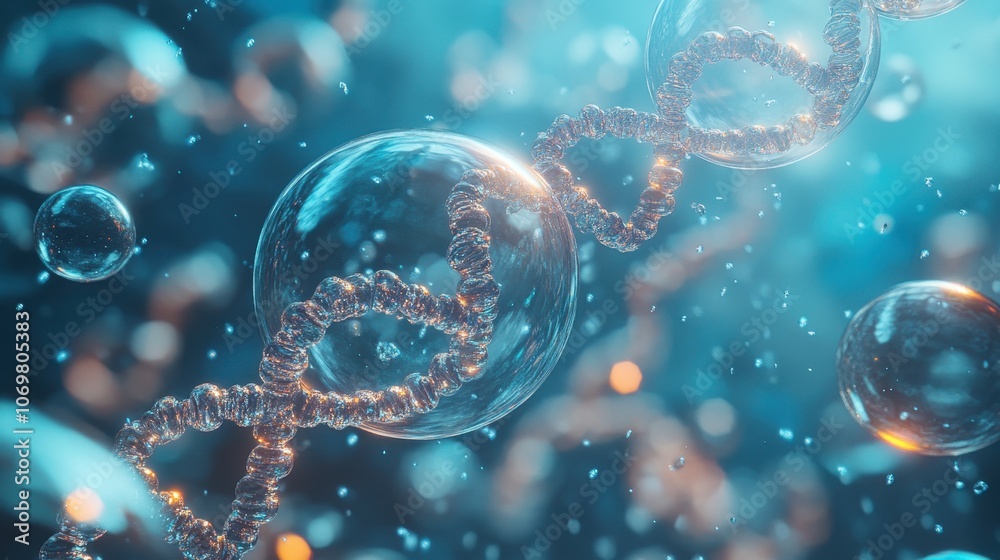 Wall mural abstract visualization of dna helix with glowing effects in a futuristic blue background