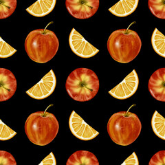  Pattern of apples and orange slices. Apples top view and side view. Red and yellow. Juicy and bright illustration. Watercolor illustration. On a black background
