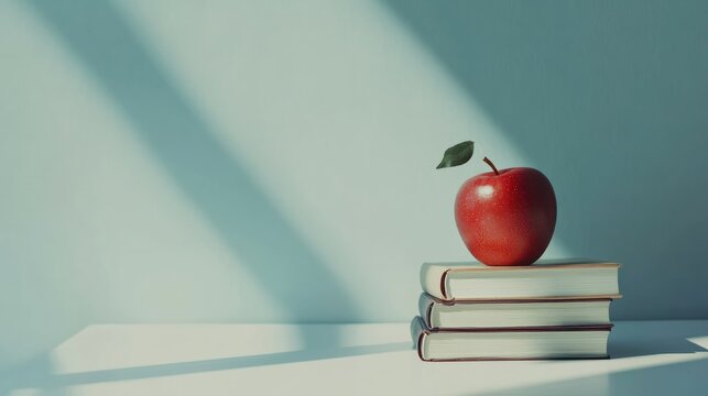 Back to school a stack of books and a red apple on a white table against a white background Remote learning at home Quarantine idea of staying home. Copy space image. Place for adding text and design