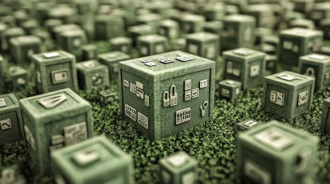 collection of green cubes with various icons representing digital marketing and e commerce, surrounded by lush background, creating vibrant and engaging atmosphere