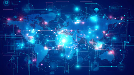 Obraz premium An image of a world map overlaid with interconnected lines and nodes, representing global shipping routes and data flow. The map features glowing lines to signify real-time data and technological int