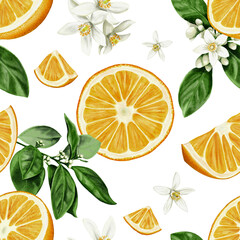 Seamless pattern of oranges. fruits and orange slices with a sprig and leaves. Orange blossom flowers. Orange and green color. Watercolor illustration. No background