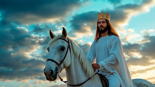 Jesus Crist wearing gold crown and white robe riding on white horse back with blue clear sky as background