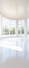 Fototapeta premium Sunlit Modern Room: Expansive windows bathe a pristine, minimalist room in natural light, creating a serene and elegant atmosphere. Ideal for showcasing furniture, design.