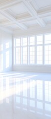 Fototapeta premium Modern Minimalism: A pristine, white interior with large windows and a coffered ceiling creates a sense of airy spaciousness and tranquility.