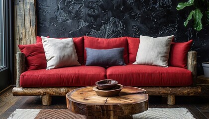 Wood log coffee table near rustic sofa with red cushion and grey and beige pillows against black 