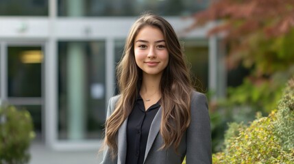 Fototapeta premium Young woman standing in front of an office building, dressed professionally, with a confident expression