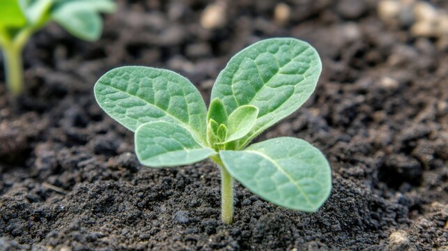 Young green seedling in soil, with a blurred background; suitable for nature themes or gardening content with space for text