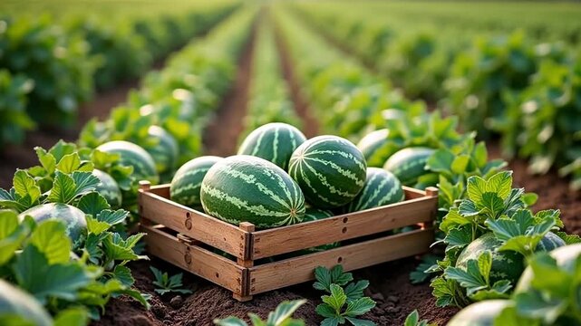 A small crate of watermelons in a field of watermelons. A summery, colorful harvest.