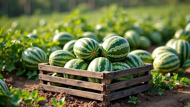 A small crate of watermelons in a field of watermelons. A summery, colorful harvest.