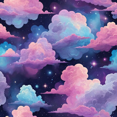 Seamless pattern, Nebula Clouds: a seamless pattern inspired by nebula clouds. Soft, swirling shapes with a blend of calming colors giving a sense of outer space tranquility