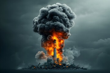 Catastrophic power plant explosion engulfed in intense flames and towering clouds of dense black smoke with twisted wreckage and debris littering the disaster zone  Gritty