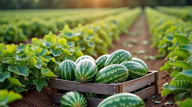 A small crate of watermelons in a field of watermelons. A summery, colorful harvest.