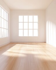 Obraz premium Empty Room with Sunlight: A minimalist interior design concept featuring a spacious empty room bathed in warm sunlight streaming through large windows.