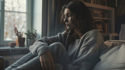 Obraz premium Depressed and sad woman sitting on a couch in the home.