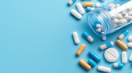 Pills and capsules scattered on vibrant blue background, closeup view of assorted medications