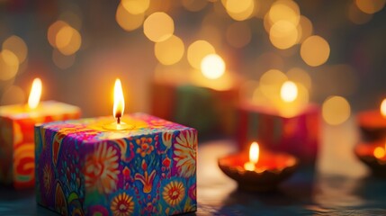 Colorful gift boxes with diya and golden bokeh background, diwali gift concpet
