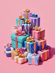 Fototapeta premium colorful pile of gifts or stacked gift packages, gift boxes as vibrant stack of presents wrapped and with festive ribbons, isolated