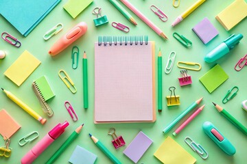 Vibrant Flat Lay of Colorful Office Supplies on a Mint Green Background for Creative Workspace Inspiration and Organization Ideas