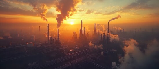 Fototapeta premium Industrial Landscape at Sunset with Smokestacks Emitting Smoke Against a Vibrant Sky