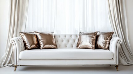 Luxurious white sofa with metallic pillows on a soft, light-filled background