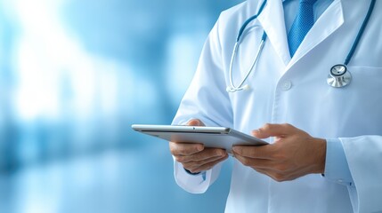 Obraz premium Medical professional utilizes digital tablet for efficient and precise patient information review in modern healthcare
