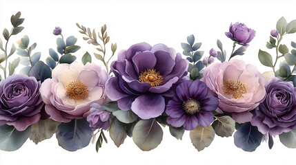 Watercolor floral border frame, elegant spread of violet roses, lilac peonies, and eucalyptus greenery, soft and natural watercolor effect, transparent background