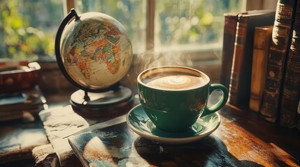 Cup of coffee and a globe, symbolizing International Coffee Day and worldwide coffee culture