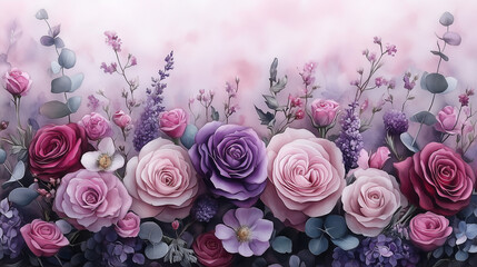 Watercolor floral border frame, elegant spread of violet roses, lilac peonies, and eucalyptus greenery, soft and natural watercolor effect, transparent background