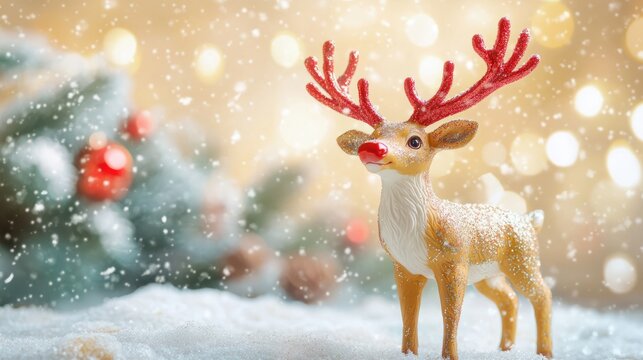 Cute reindeer figurine with red glittery antlers on snowy background. Festive decoration with cheerful vibes