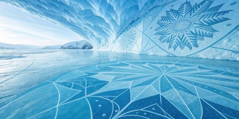 A frozen lake with a large ice cave decorated with intricate snowflake patterns, a breathtaking winter wonderland scene