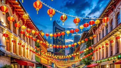 Vibrant New Year Decorations on New Bridge Road in Chinatown, Singapore, Showcasing Festive Lights and Colorful Ornaments with a Cultural Touch for the Lunar New Year Celebration