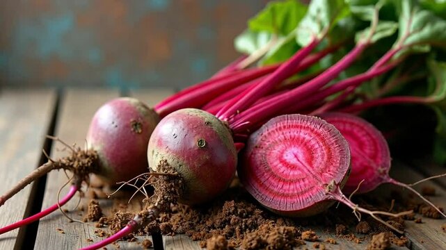 Beets with soil on the roots on an old wooden table. Shows the earthiness and organic feel of root vegetable farming.
