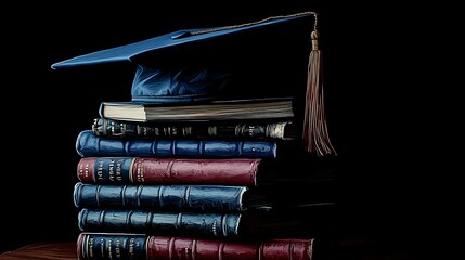Graduation cap placed next to a neat stack of books on a solid black background emphasizing the concept of education academic achievement and the successful completion of a degree or diploma program
