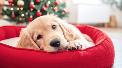 golden retriever puppy resting in cozy red bed near decorated Christmas tree, exuding warmth and joy during festive season