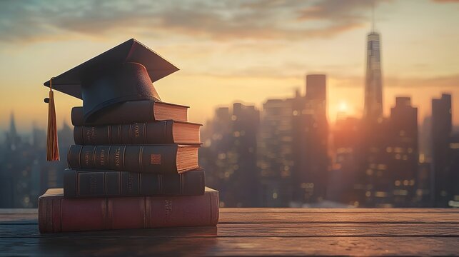 Graduation cap placed next to a stack of textbooks with a vibrant city skyline in the background symbolizing the and dreams that come with pursuing higher education and achieving academic success