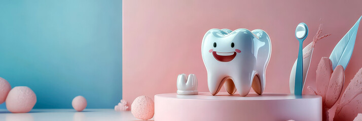 Celebrating world dentist day: happy tooth with dental tools on pastel background. International Dentist day. Stomatology Day. Dental health and hygiene concept. Horizontal banner. Copy space