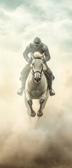 Obraz premium Knight on a White Steed: A solitary knight, clad in armor, rides a majestic white steed through a swirling mist, evoking a sense of power, courage, and determination.