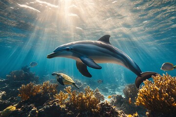 Fototapeta premium a bottlenosed dolphin a its calf under the surface of the ocean with sun rays shining through with other tropical fish, bright corals and a sea turtle.generative ai