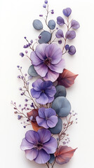 Loose watercolor floral border frame, organic arrangement of purple and lilac flowers, eucalyptus leaves, light and airy, soft transparent background