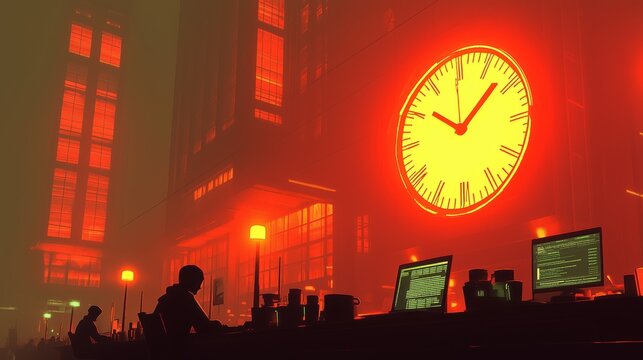 Cyberpunk cityscape with neon clock and silhouetted figure at night - Powered by Adobe