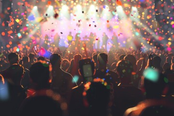 Fototapeta premium Club party. Silhouettes of concert crowd in front of bright stage lights and confetti.