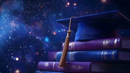 Graduation cap resting atop a stacked pile of textbooks against a deep navy blue background leaving ample space for text or messaging about academic achievement educational success