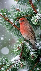 Male House Finch in Pine Tree During a Winter Snowfall. A male House Finch perches in a Pine Tree with snowflakes falling around him