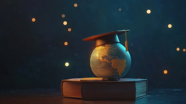 Education to learn study in world. Graduated student studying abroad international idea. Master degree hat on top globe book. Concept of graduate educational for long distane learning - generative ai