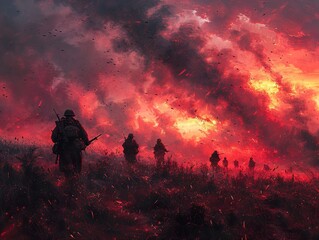 Soldiers in a Fiery Battlefield: A Dramatic Depiction of War's Devastation
