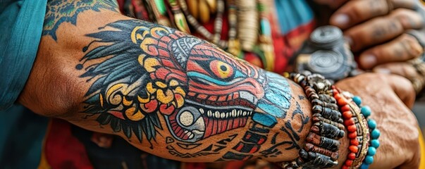 Closeup of Indigenous tattoos, traditional symbols representing strength and identity